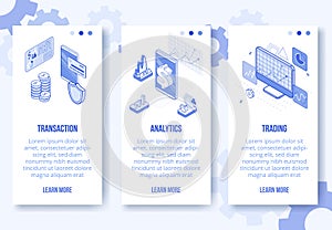 Digital isometric design concept-market trading,financial analytics app screen vertical banners set.Isometric financial business