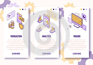Digital isometric design concept-market trading,financial analytics app screen vertical banners set.Isometric financial business