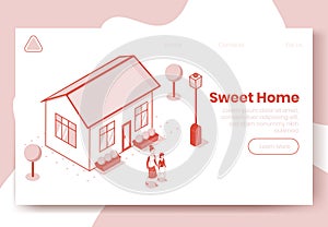Digital isometric design concept scene of sweet home isometrics people and their house.Isometric social illustration-characters,
