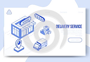 Digital isometric design concept set of delivery service app 3d icons.Isometric business finance symbols-store,truck car