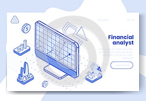 Digital isometric design concept set of financial analyst app 3d icons.Isometric business analysis financial analytics