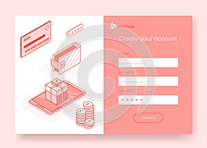Digital isometric design concept set of online delivery shop app 3d icons,ready to use sign in,create account,registration online