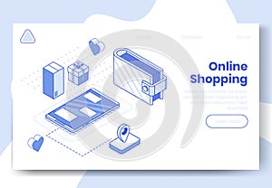 Digital isometric design concept set of online shopping app 3d icons.Isometric business finance symbols-mobile phone