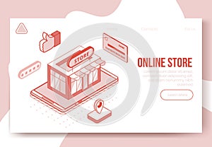 Digital isometric design concept set of online store app 3d icons.Isometric business finance symbols-store shop,bank card,five