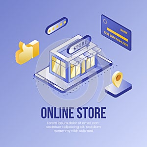 Digital isometric design concept set of online store app 3d icons.Isometric business finance symbols-store shop,bank