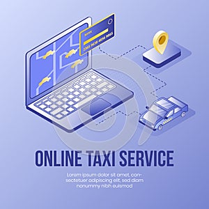 Digital isometric design concept set of online taxi booking service app 3d icons.Isometric business finance symbols-bank card,taxi