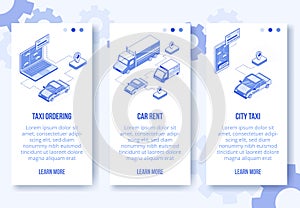 Digital isometric design concept set - online taxi ordering,car rent mobile app screen vertical banners.Isometric social business