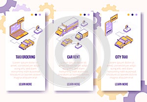 Digital isometric design concept set - online taxi ordering,car rent mobile app screen vertical banners.Isometric social business