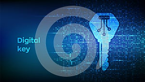 Digital key. Electronic key icon made with binary code. Cyber security and access background. Digital binary data and streaming