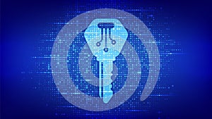 Digital key. Electronic key icon made with binary code. Cyber security and access background. Digital binary data and streaming