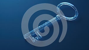 A digital key hologram glows against a blue backdrop, symbolizing advanced security and data protection in the digital age