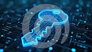 Digital key illustration circuit board background. Binary code, security concept, data protection, online safety. Secure access,