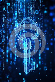 Digital Key Unlocking Opportunities Technology, Data Streams, and Binary Code on Blue