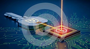 A digital key unlocks a microchip, symbolizing cyber security.