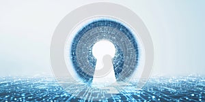 Digital Keyhole with Blue Technology Background and Light Rays
