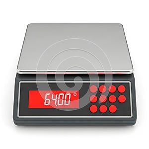 Digital kitchen scale with stainless steel platform and red LED display showing 6400
