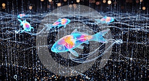 Digital Koi Fish Swim Through Abstract Binary Code Data Stream
