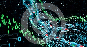 Digital Koi Fish Swim Through Binary Code Data Stream