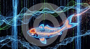 Digital Koi Fish Swimming Through Abstract Data Streams, Binary Code Background