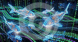 Digital Koi Fish Swimming in Binary Code Data Stream, Futuristic Technology Concept