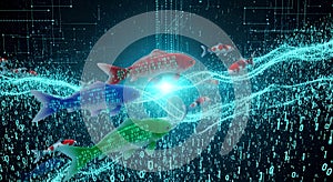 Digital Koi Fish Swimming Through Binary Code Data Stream, Futuristic Technology