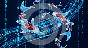 Digital Koi Fish Swimming Through Binary Code Data Stream, Futuristic Technology