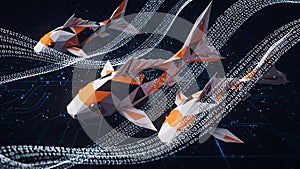 Digital Koi Fish Swimming Through Binary Code Data Streams