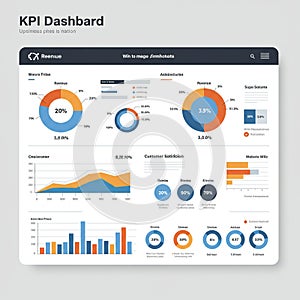A digital KPI dashboard featuring various data visualization elements. Includes pie