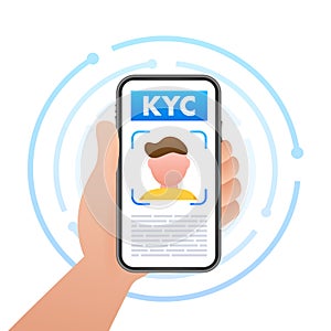 Digital KYC verification process on a smartphone screen with facial recognition technology, vector illustration for