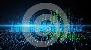 Digital Cityscape with Binary Code and Circuit Board