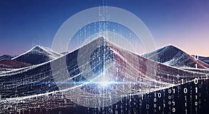 Digital Landscape Binary Code Mountains and Data Streams at Sunset