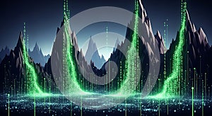 Digital Landscape Binary Code Mountains and Glowing Data Streams