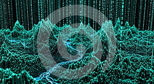 Digital Landscape Binary Code Stream Flowing Through Data Mountains
