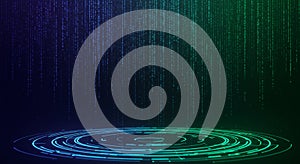 Digital landscape with a dark background featuring vertical streams of binary code