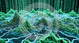 Digital Landscape Data Visualization Abstract 3D Terrain with Binary Code Rain