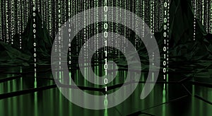 Digital Landscape with Falling Binary Code - Futuristic Technology and Data Flow