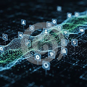 A digital landscape features a 3D mesh grid with a wave-like surface composed of