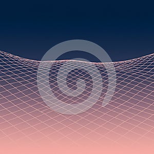 A digital landscape features a grid of wavy, interconnected lines over a gradient