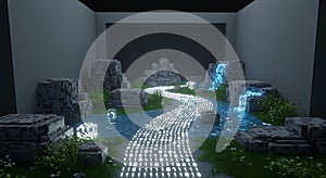 A digital landscape features a river of binary code flowing through a virtual