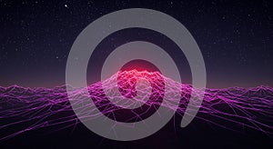 A digital landscape features wireframe mountains highlighted in bright pink