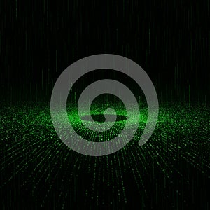 A digital landscape featuring a green, matrix-like code pattern on a black background.