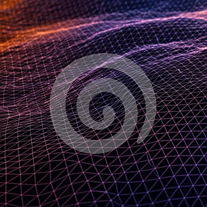 A digital landscape featuring a grid of purple and orange lines forming a mesh pattern