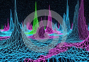 A digital landscape featuring a wireframe mesh composed of