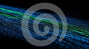 A digital landscape with flowing streams of blue and green binary code