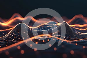 Digital landscape with glowing waves and nodes, abstract visualization of data
