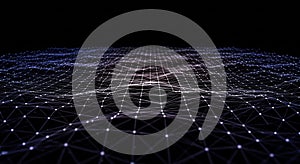 A digital landscape with a grid of interconnected points forming a mesh-like structure