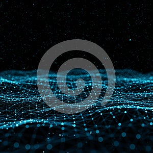 A digital landscape of interconnected nodes and lines forms a 3D grid resembling