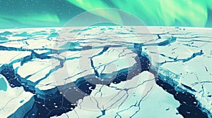 In this digital landscape, a luminous green aurora veils the night sky above the fractured arctic ice, presenting a