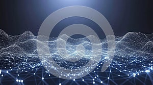 Digital Landscape Network of Data Points Forming a Wavy Terrain on Dark Blue Background