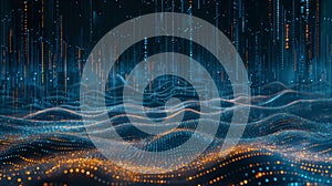 Digital landscape with orange and blue light particles